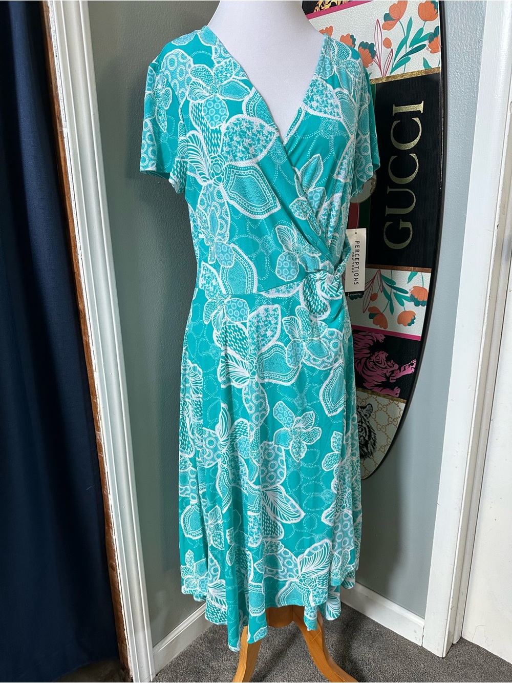 NWT Perceptions Teal Floral Textured Faux-Wrap Shift Midi Dress Tropical Beach